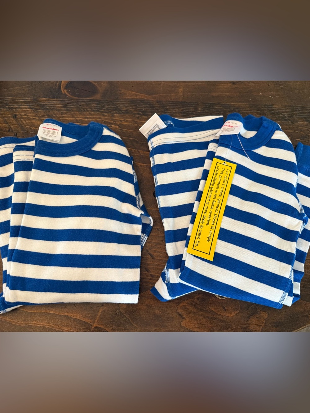 Pair of Hanna Andersson Blue & White Striped Long-Sleeve PJ Sets, size 10 and 12